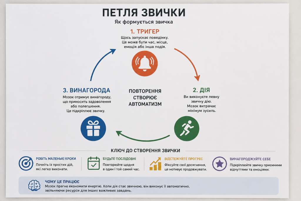 Як формуються звички: наука про тригер, дію і нагороду Інфографіка про цикл формування звички: тригер, дія, винагорода та поради для закріплення корисних звичок.