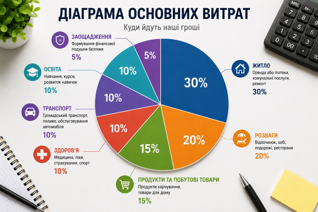 Управління грошима: як скласти і вести особистий бюджет Кругова діаграма із прикладами розподілу основних категорій особистих витрат.