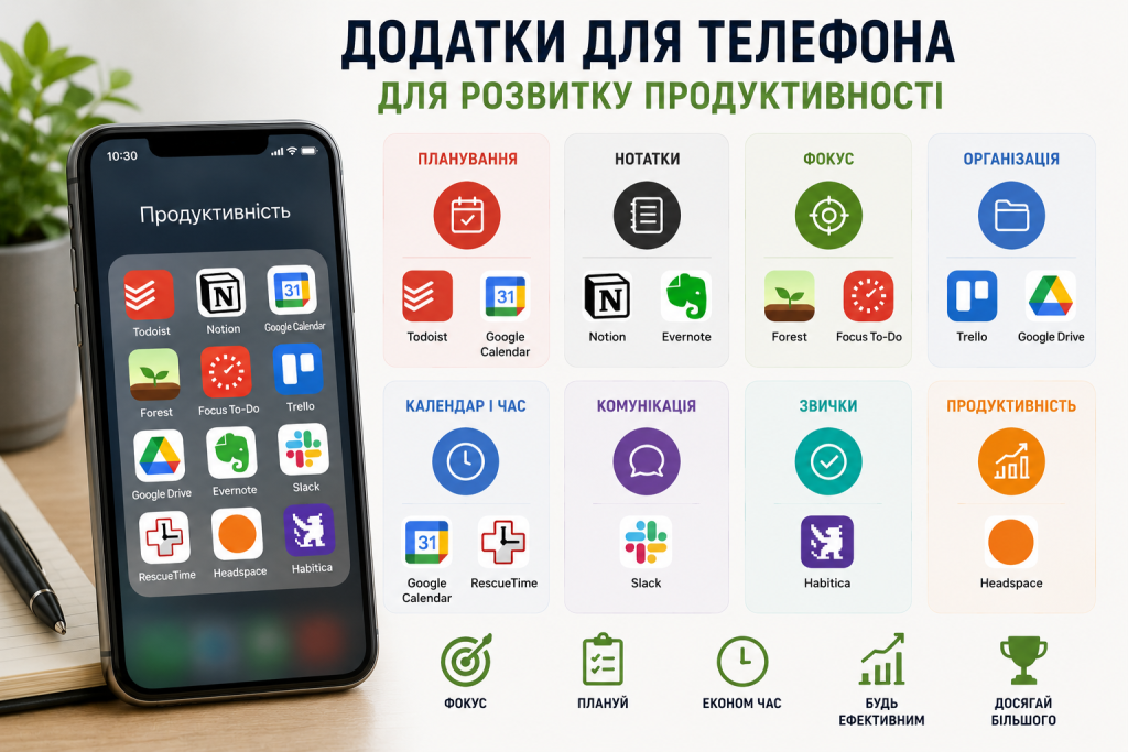 Інфографіка з добіркою мобільних додатків для планування, нотаток, концентрації та організації справ.