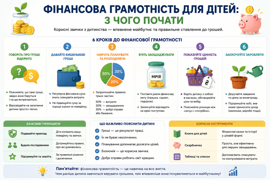 Інфографіка про основи фінансової грамотності для дітей із порадами щодо кишенькових грошей, заощаджень і планування бюджету.