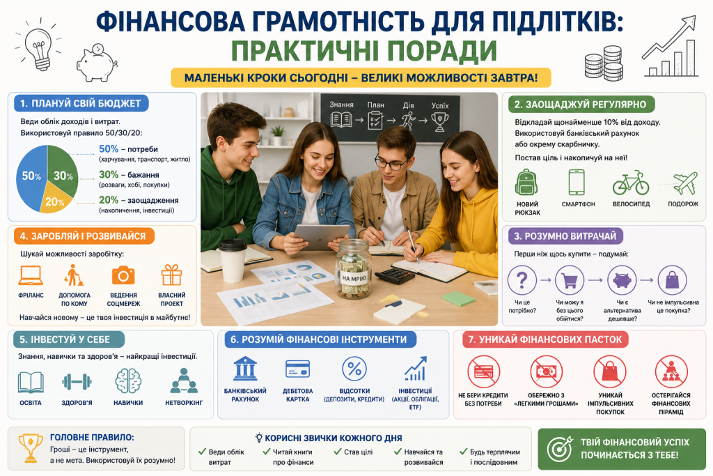 Інфографіка з порадами для підлітків щодо планування бюджету, заощаджень, витрат та фінансової відповідальності.