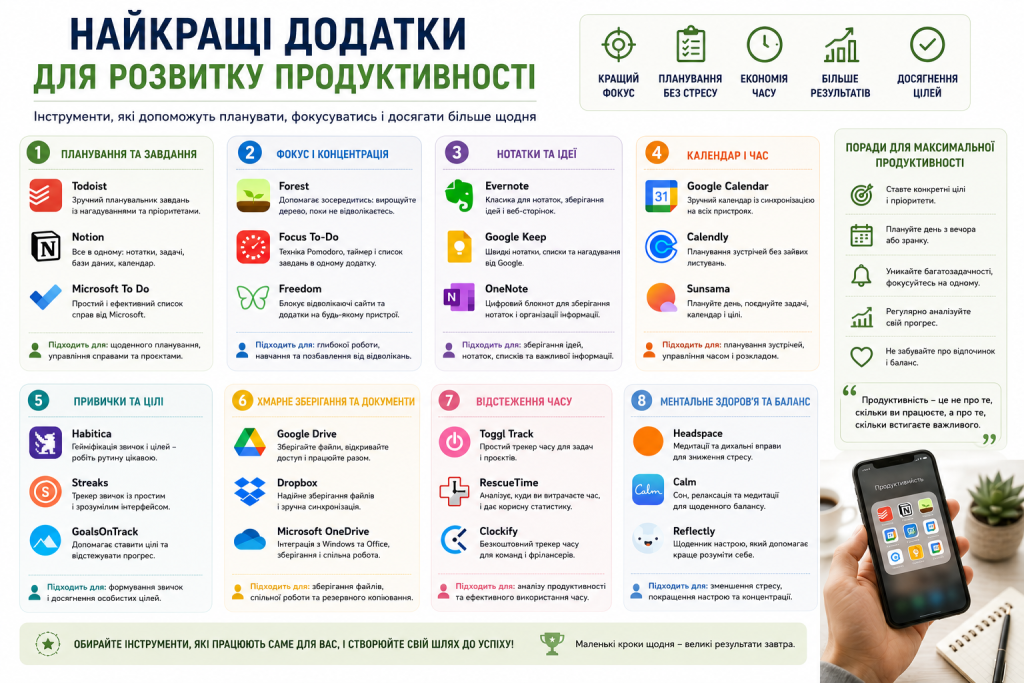 Інфографіка про найкращі додатки для розвитку продуктивності