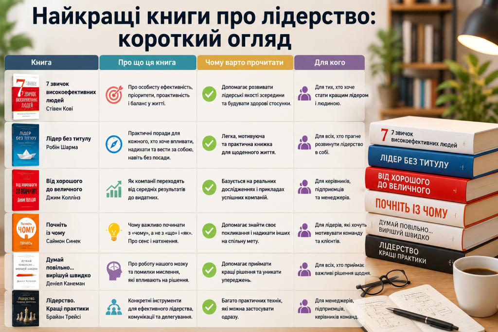 Інфографіка з добіркою книг про лідерство