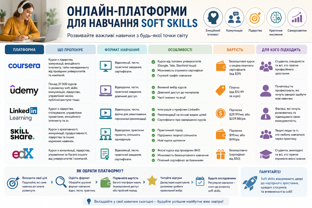 Інфографіка про онлайн-платформи для розвитку soft skills