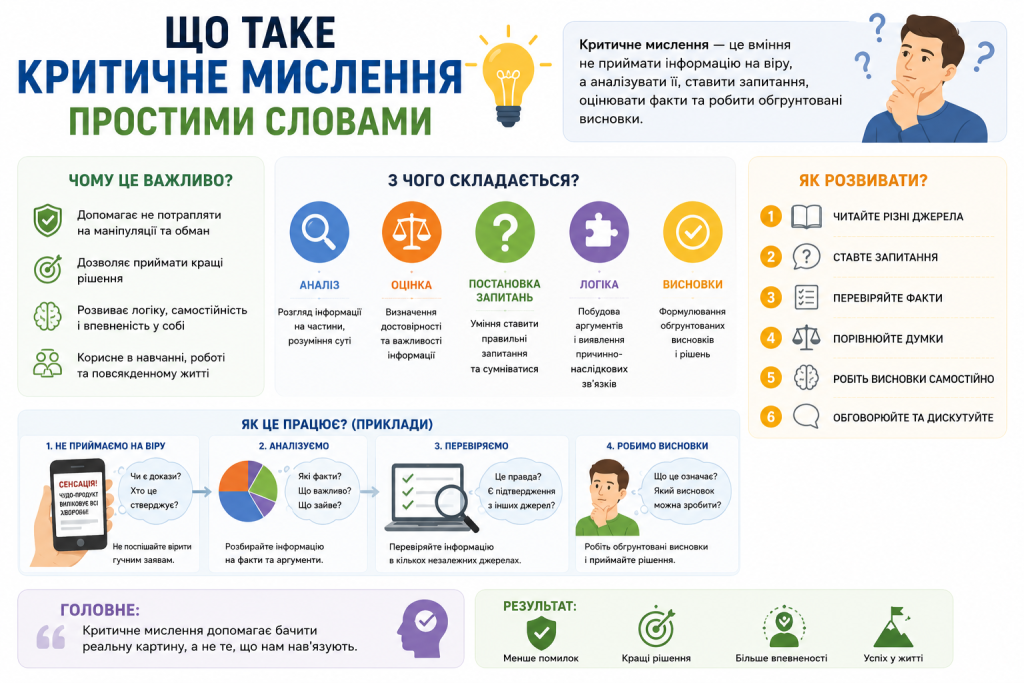 Інфографіка про критичне мислення, його складові, переваги та способи розвитку.