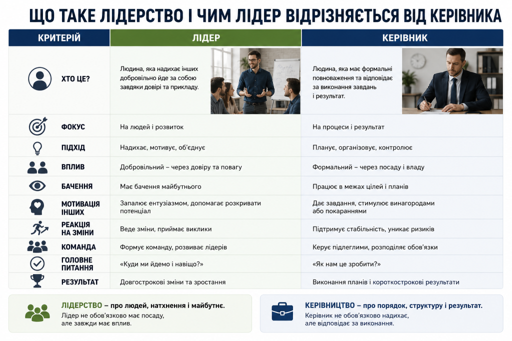 Інфографіка з порівнянням лідера та керівника за основними критеріями: підхід, вплив, мотивація, бачення та результат.