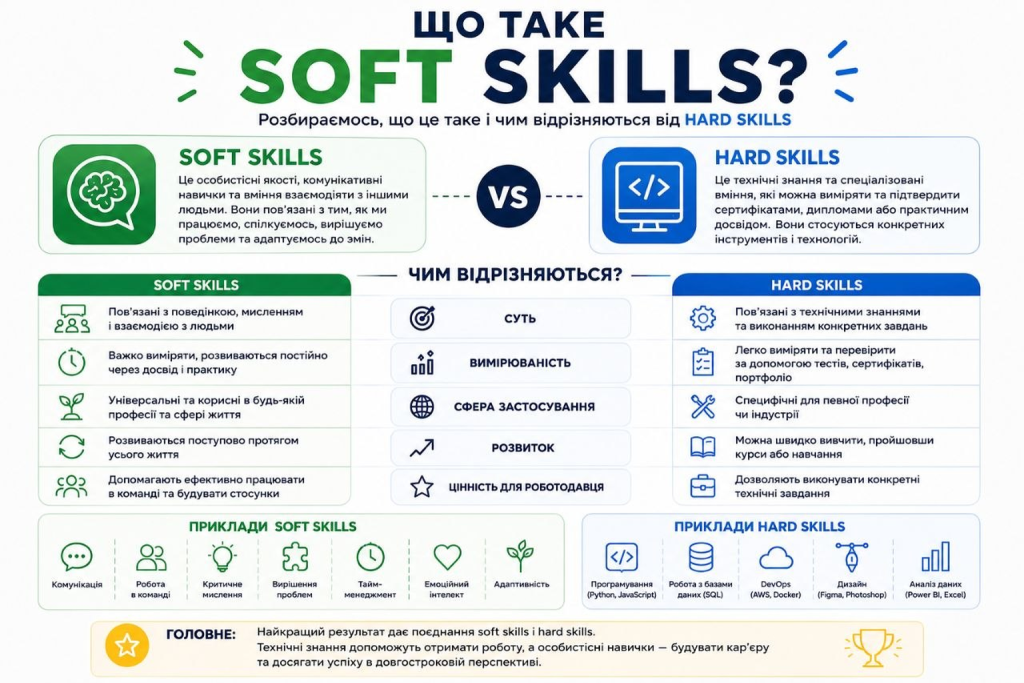 Інфографіка з поясненням відмінностей між soft skills та hard skills, прикладами та їх значенням.