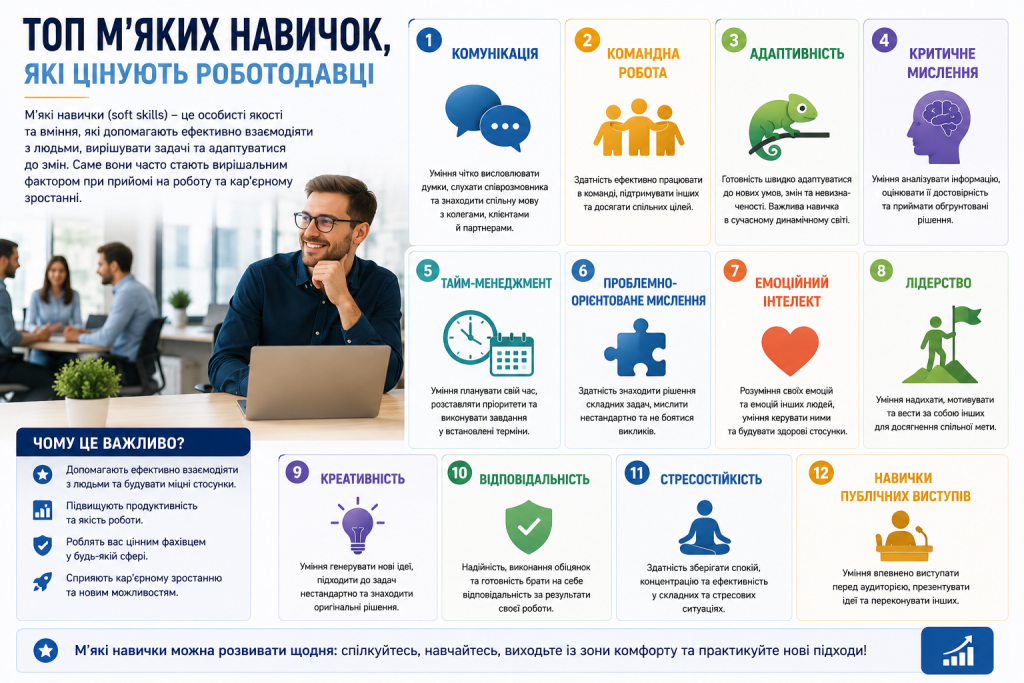 Інфографіка з переліком найважливіших soft skills для роботи та кар'єрного розвитку.