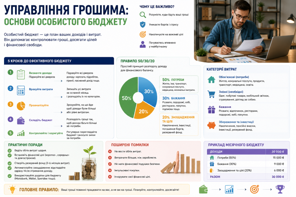 Інфографіка про ведення особистого бюджету, правило 50/30/20 та основні категорії витрат.