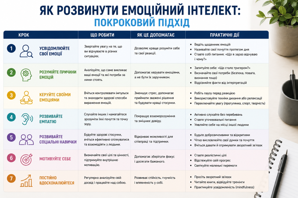 Інфографіка з покроковими рекомендаціями щодо розвитку емоційного інтелекту та соціальних навичок.