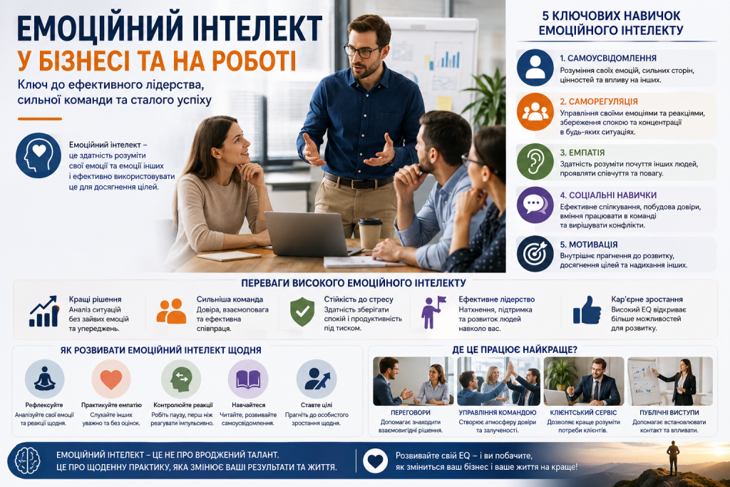 Інфографіка про емоційний інтелект у бізнесі, ключові навички, переваги для команди, лідерства та професійного розвитку.