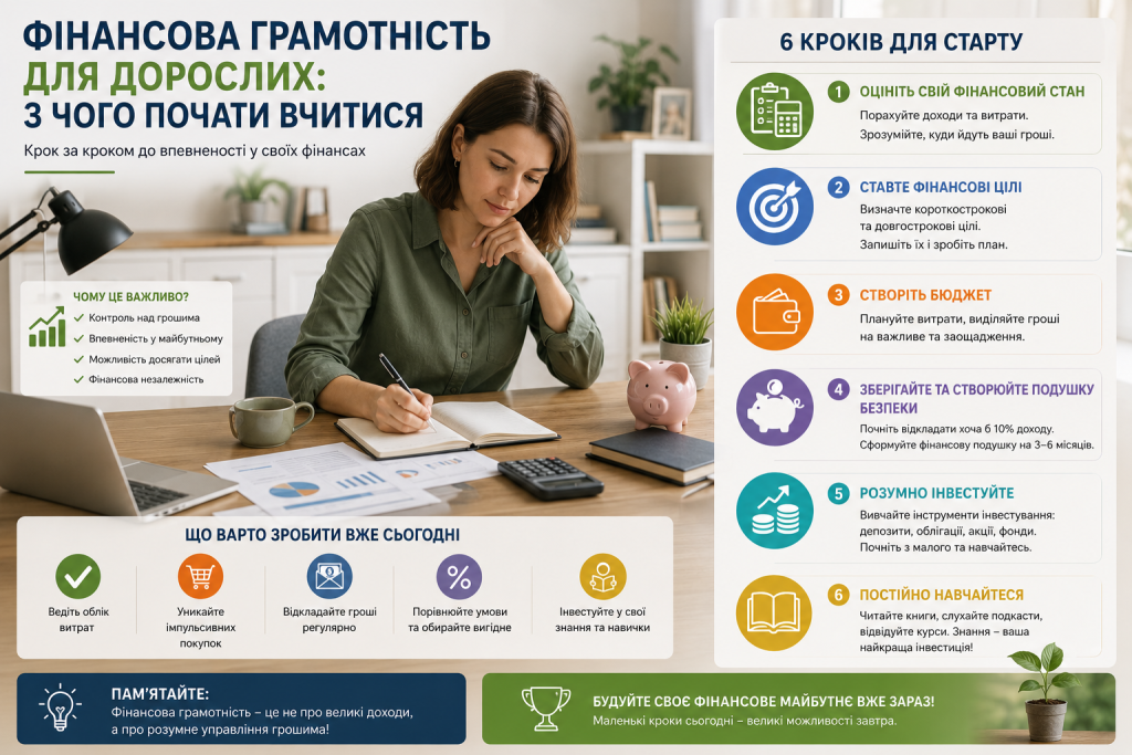 Інфографіка про основи фінансової грамотності для дорослих, створення бюджету, заощадження, інвестиції та фінансові цілі.