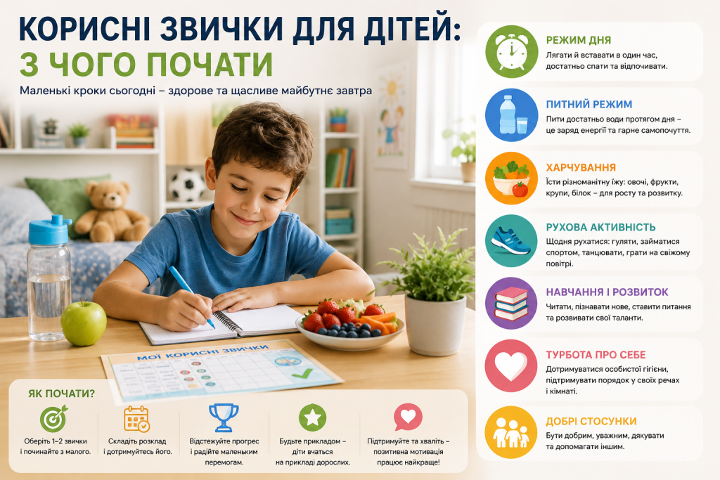 Інфографіка про корисні звички для дітей: режим дня, питний режим, харчування, фізичну активність, навчання та догляд за собою.