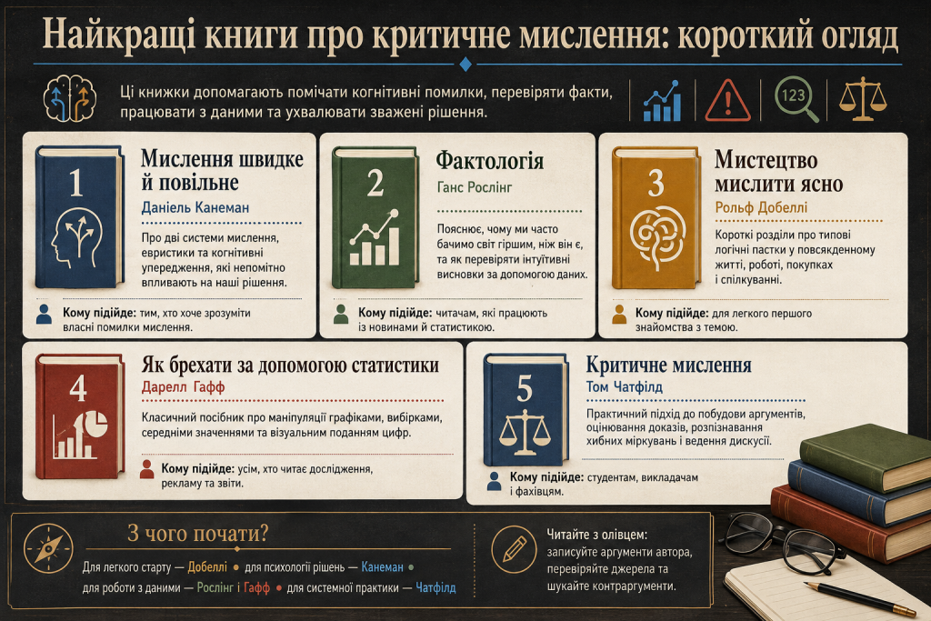 Інфографіка з добіркою книг про критичне мислення, когнітивні помилки, фактчекінг, статистику та аргументацію.