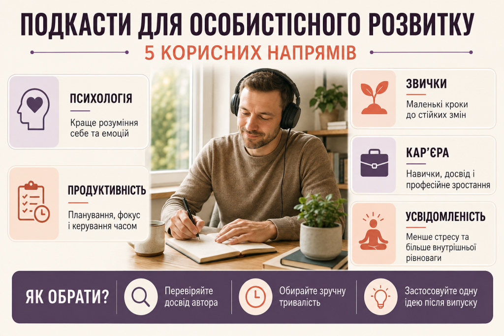 Інфографіка про корисні напрями подкастів для особистісного розвитку, продуктивності та кар’єри