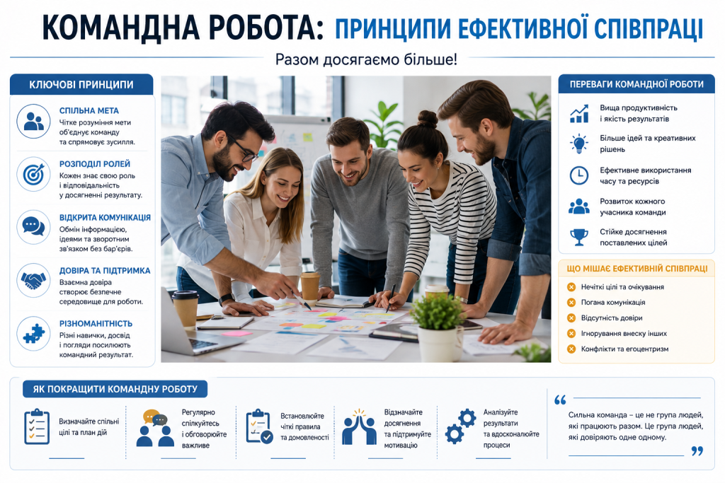 Інфографіка про принципи ефективної командної роботи, розподіл ролей, довіру, комунікацію та спільні цілі