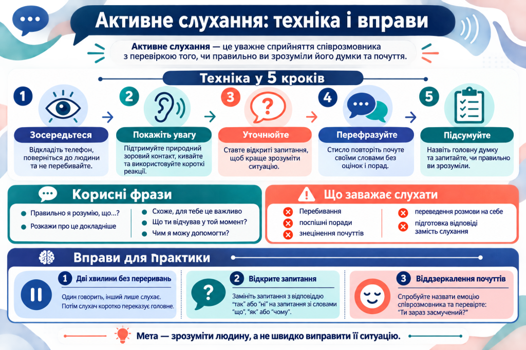 Інфографіка про техніку активного слухання у п’ять кроків, корисні фрази, типові помилки та вправи для практики.