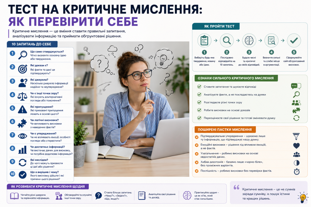Інфографіка з питаннями для перевірки критичного мислення, аналізу фактів, джерел, доказів і логічних висновків