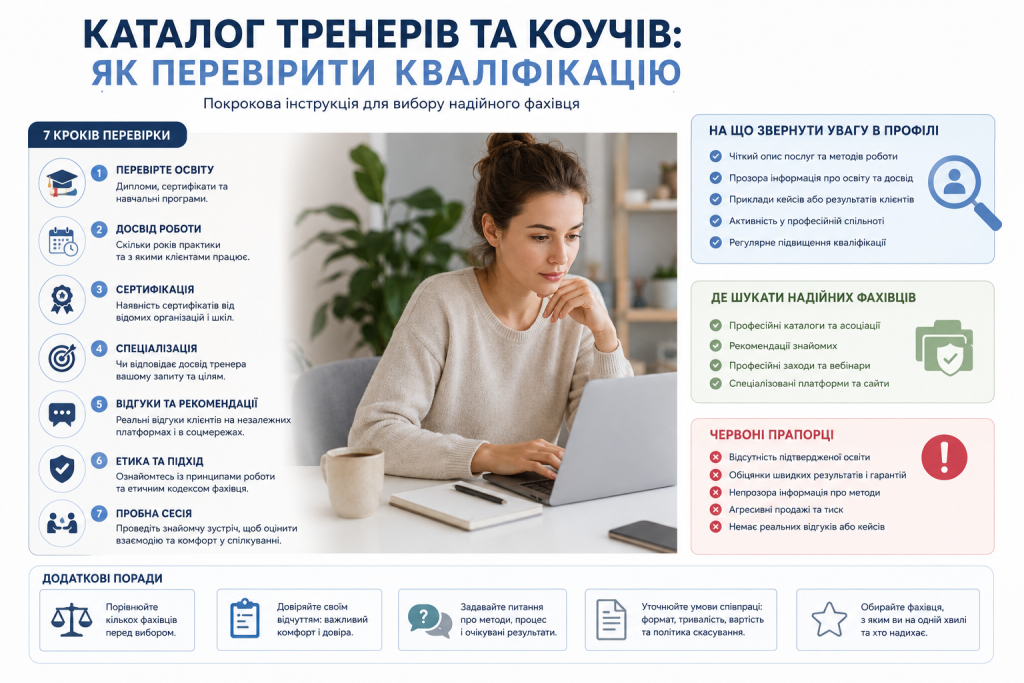 Інфографіка з порадами щодо перевірки освіти, досвіду, сертифікатів, рекомендацій і професійності тренера або коуча