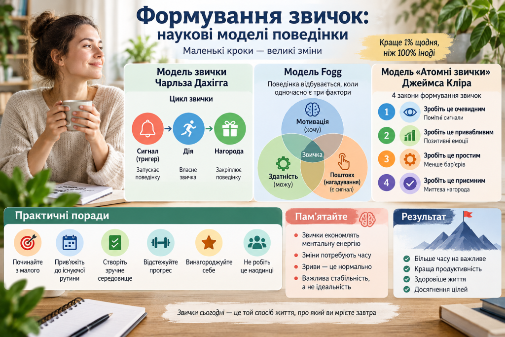 Інфографіка про формування звичок за моделями Чарльза Дахігга, BJ Fogg та Джеймса Кліра з практичними порадами.