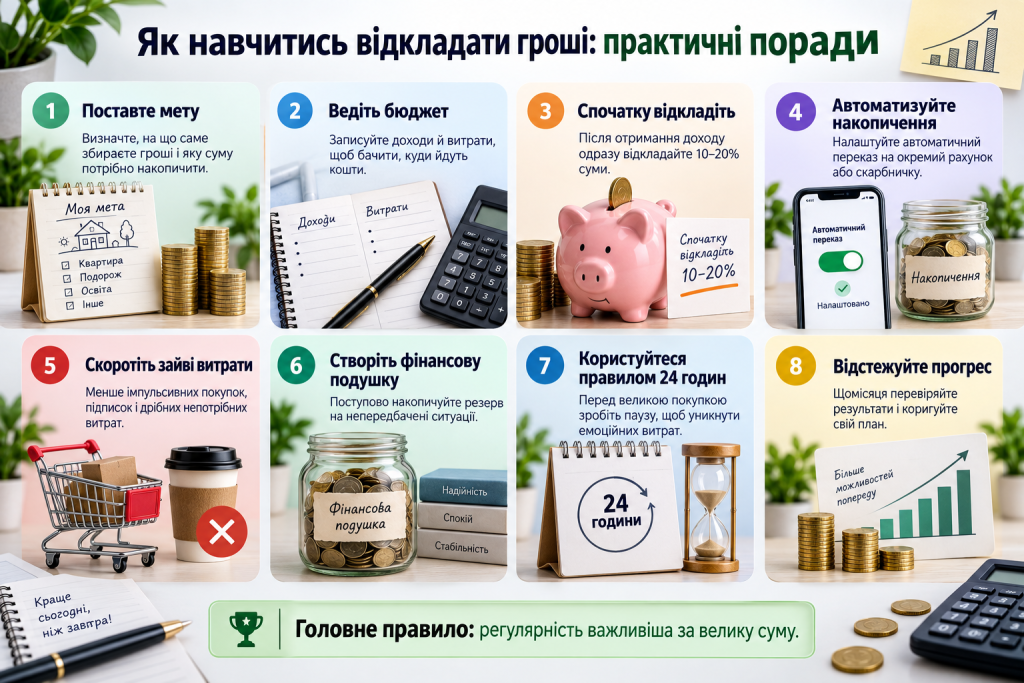Інфографіка з практичними порадами, як навчитися відкладати гроші, вести бюджет і створити фінансову подушку.