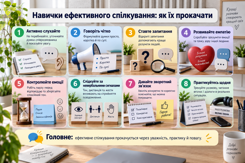 Інфографіка про навички ефективного спілкування, активне слухання, емпатію, емоції та зворотний зв’язок.