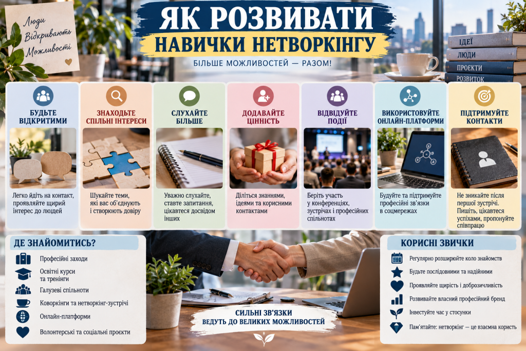 Інфографіка про розвиток навичок нетворкінгу, знайомства, спілкування, професійні події та підтримку контактів