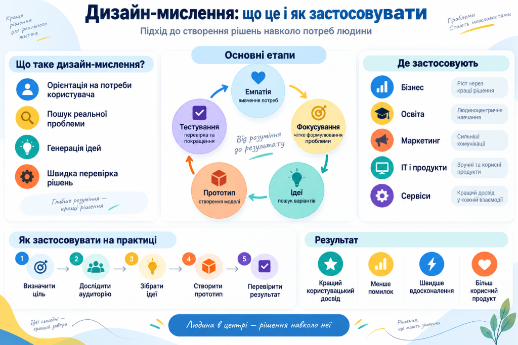Інфографіка про дизайн-мислення, етапи емпатії, визначення проблеми, генерації ідей, прототипування та тестування