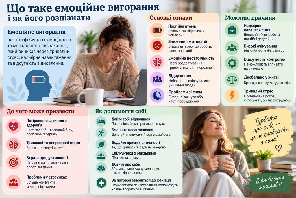 Інфографіка про емоційне вигорання з описом симптомів, можливих причин, наслідків тривалого стресу та способів відновлення емоційного стану.